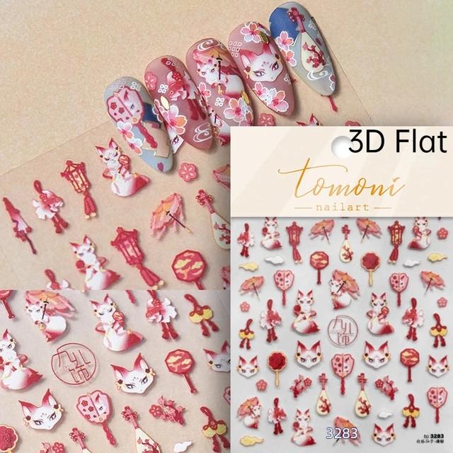 Nine-tailed Fox Chinese 5D Soft Reliefs Self Adhesive Nail Art Stickers Fox Mask Red Equinox Flowers 3D Manicure Decals