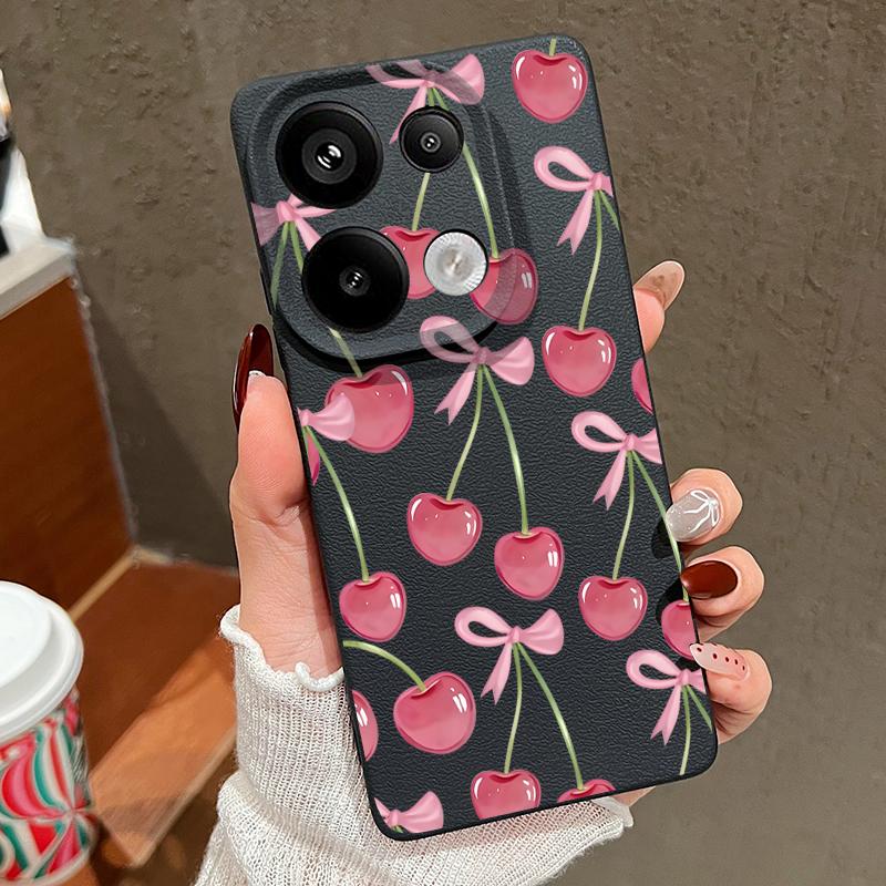 Crystal Cherry Fruits Bowknots Pattern Case For Xiaomi 14T 13T 11T Pro Funda Redmi Note 14 13 Pro 5G 12 11 Leather Texture Silicone Cover