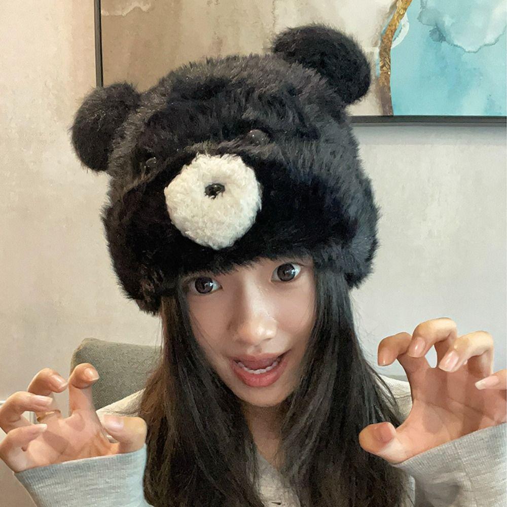 Warm Cute Bear Ear Hat Korean Pompom Beanie Cap Leisure Women Fluffy Hat  Girls