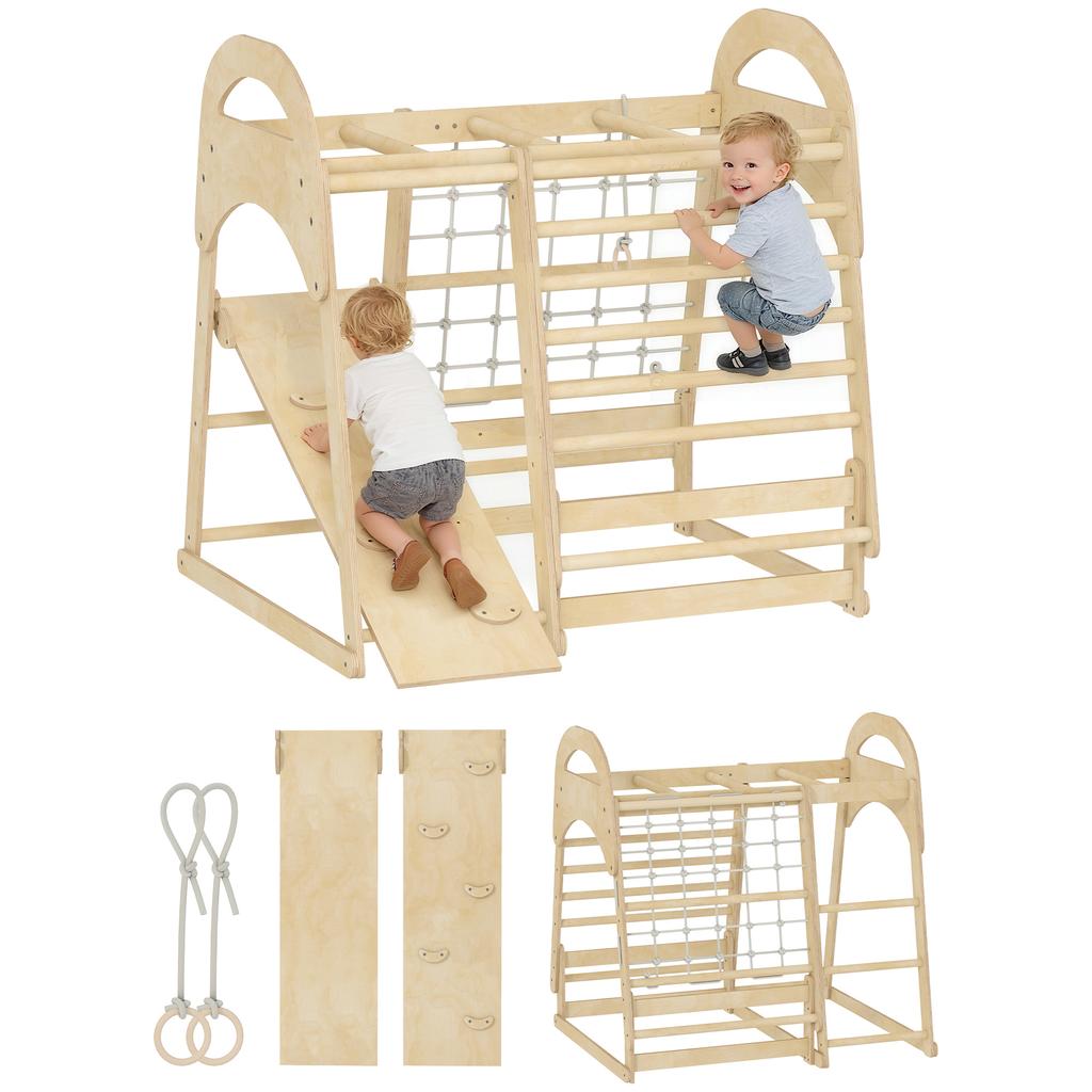 6 in 1 Kids Climbing Frame with Slide, Monkey Bars, Gymnastics Rings, Ladder, Climbing Net, for 3-6 Years, Natural Tone