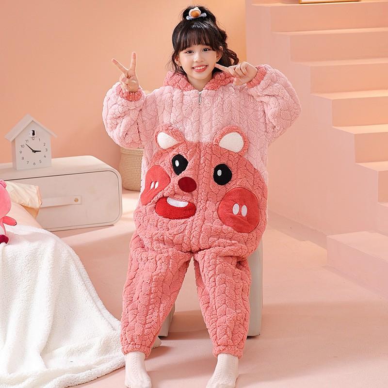 Girls Warm Coral Fleece Pajama Set With Feet Winter Sleepwear Toddlers 3-8 Years Soft Cozy One-Piece Sleepsuit