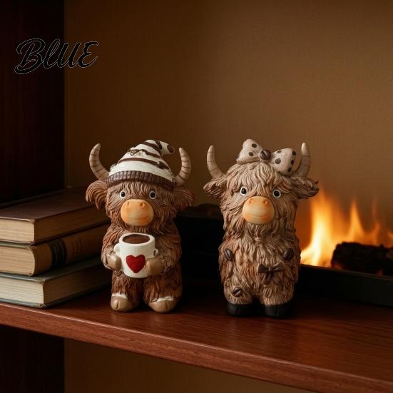 Farmhouse Kitchen Decor Highland Cow Figurine Resin Coffee Statue for Home Decor Artistic Floral Figurines Country Style Tabletop Ornament