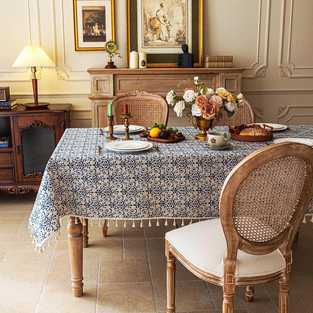 Retro Black Floral Tassel Tablecloth – Rectangular, American French Pastoral Style Coffee Table Cover.