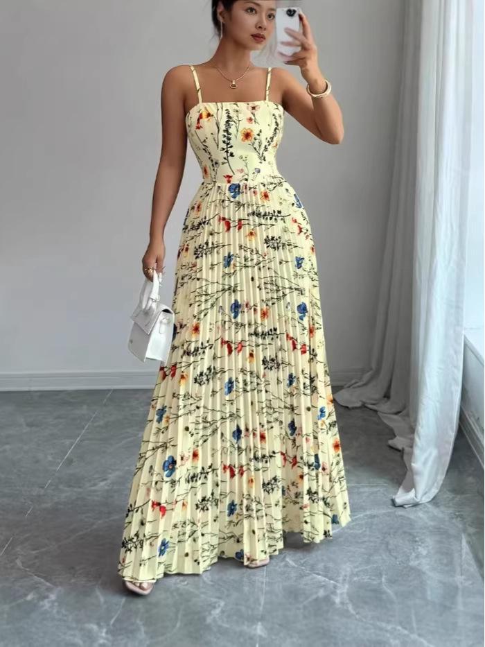 Elegant Floral Print Spaghetti Strap Long Dress - Summer Women's Fashion 2026