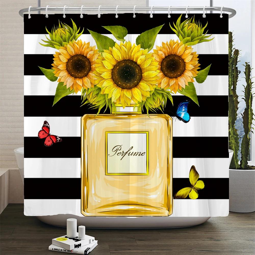 Perfume Bottle Flower Shower Curtain Set Black White Stripes Fashion Girl Woman Bathroom Decor Polyester Bath Curtains Hooks