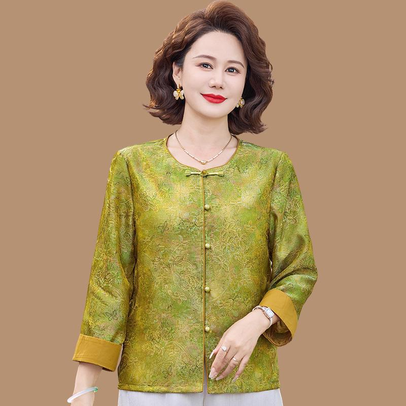 

New Arrival: Stylish Three-Quarter Sleeve National Style Jacket for Women - Perfect Spring/Summer Loose Fit for Middle-Aged and Elderly Moms 5XL: 150-160 catty зелений