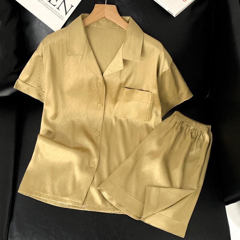 Solid Color Light Luxury French Ice Silk Pajamas Women'S Summer Fashion Short-Sleeved Loungewear Set