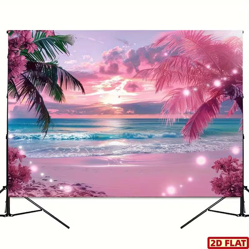 2D Dreamy Pink Sunset Beach Backdrop with Palm Trees & Sparkles