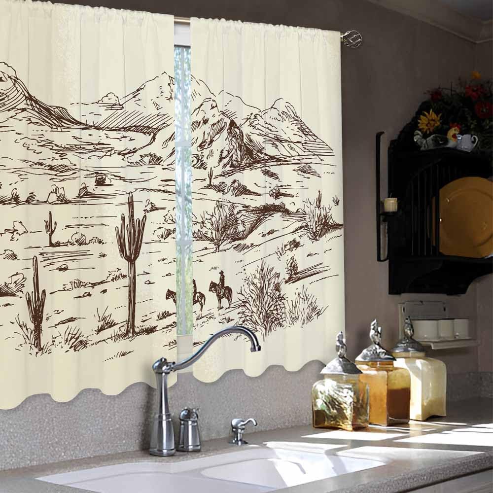 Cowboys Kitchen Curtains American Wild West Desert Riding Horse Cactus Prairie Hill Lanscape Short Tier Curtains for Bathroom Ca