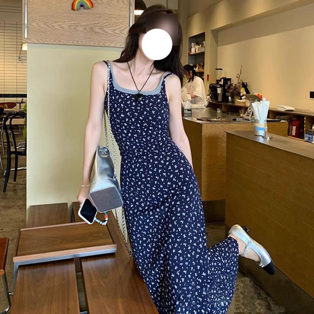 Beautiful Little Man Fake Two Floral Slip Dresses for Women's Summer Temperament Waist Long Skirt