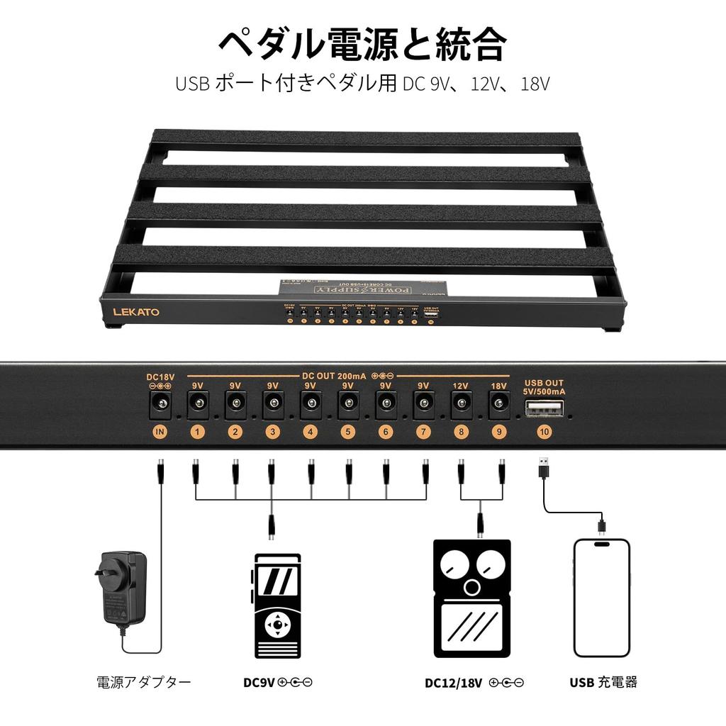 LEKATO Guitar Pedal Aluminum Alloy Pedal Board Bag with Pedal Adhesive Hook Side Tape Board, Self-Powered, 19x12.2x1.8 Inches, 2.97 Lbs, Cables,