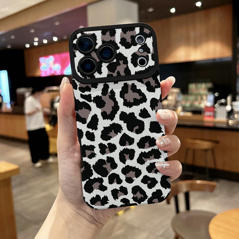 Fashion Leopard Printed Vertical Grain Leather Soft Silicone Phone Case Back Cover with Camera Lens Full Protection for iPhone 17