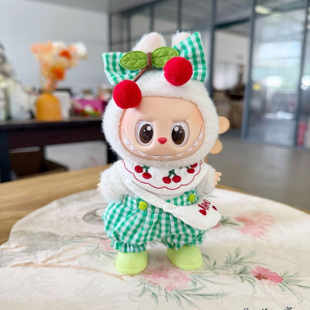 Labubu Clothes 15/17cm V1/2/3 Doll Cherry Themed Rompers Headwear Scarf Bag 4PCS/Pack Plush Cotton Doll Decoration Accessory