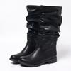 Women's Solid Color Leather Boots, Chunky Heel Knee High Riding Boots, Wrinkled Casual Knight Boots for Women