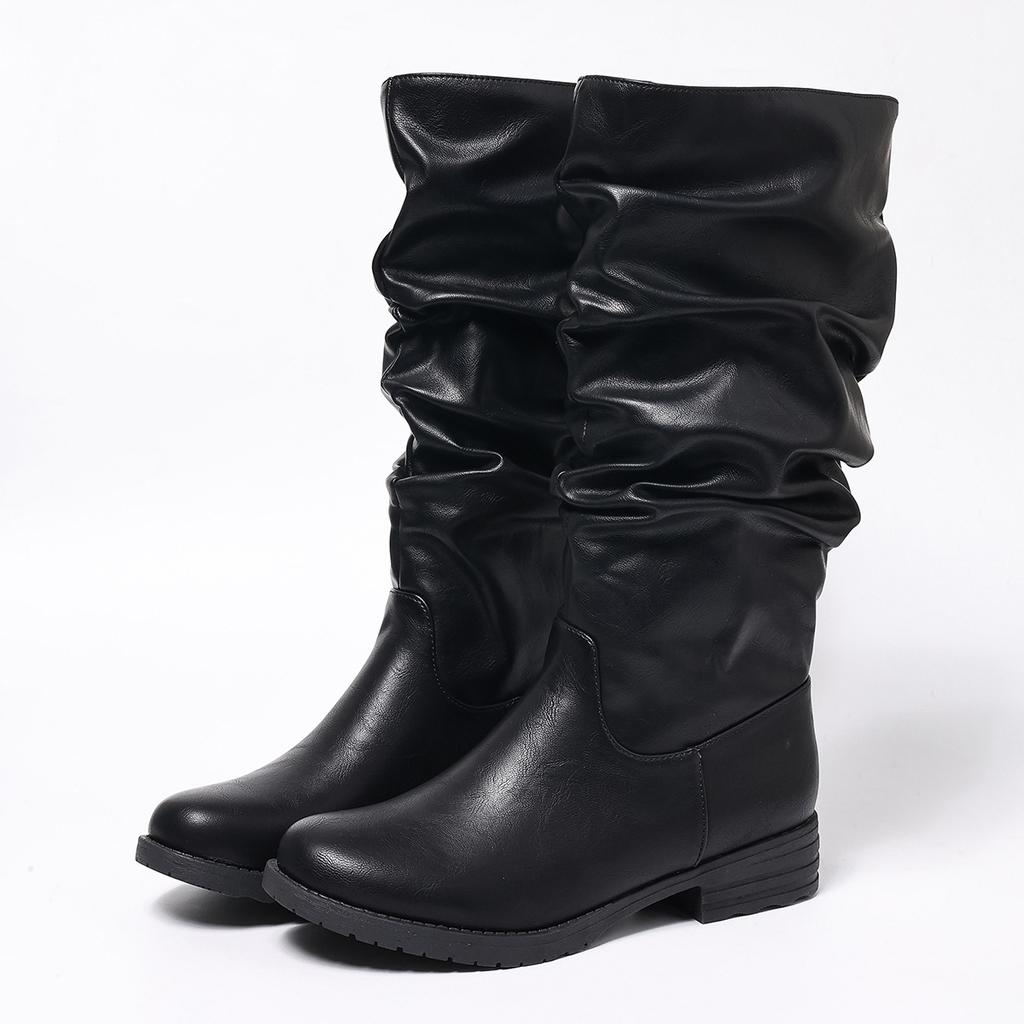 Women's Solid Color Leather Boots, Chunky Heel Knee High Riding Boots, Wrinkled Casual Knight Boots for Women