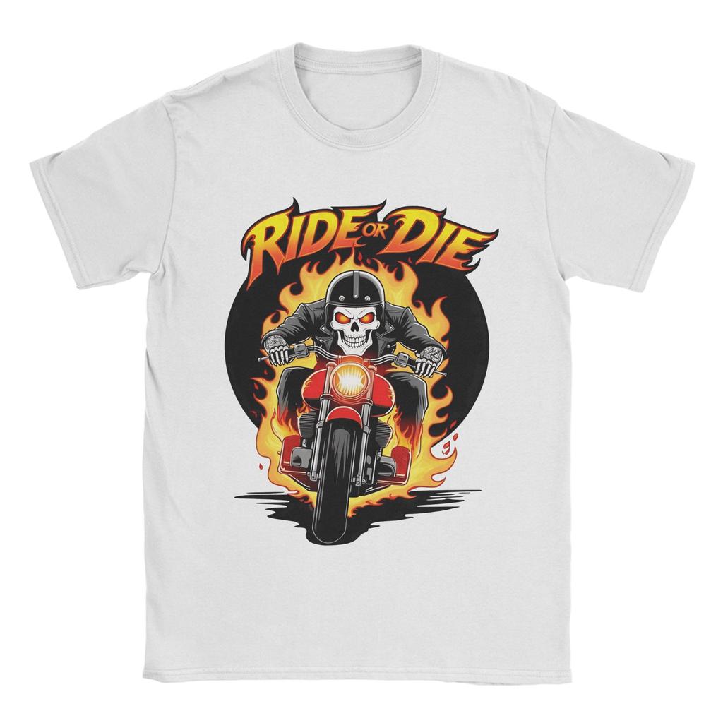 Unisex TShirt Ride or Die Fiery Skull Biker Funny  Cotton Tees Short Sleeve  T Shirt Crew Neck Clothes Gift