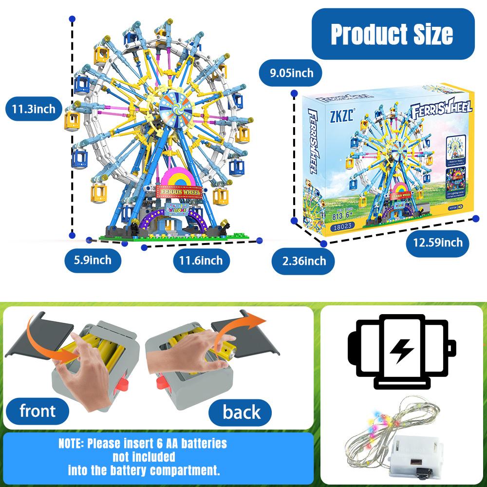 Non-Toxic City Friends Rotating Ferris Wheel Building Blocks Moc Pink Blue Electric Bricks With Light Toys For Children Christmas Diy Gift