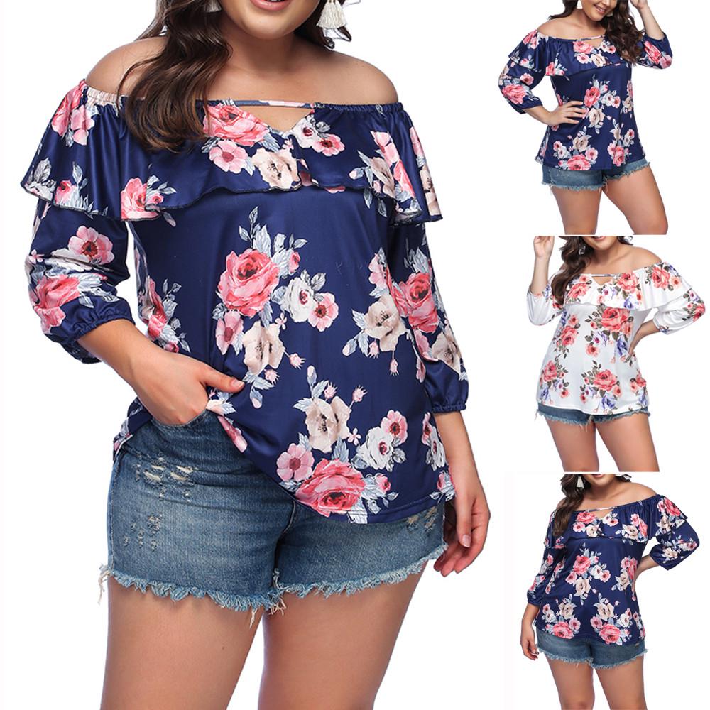 Buy Women Plus Size Off Shoulder Lantern Sleeve Floral Print Blouse Top