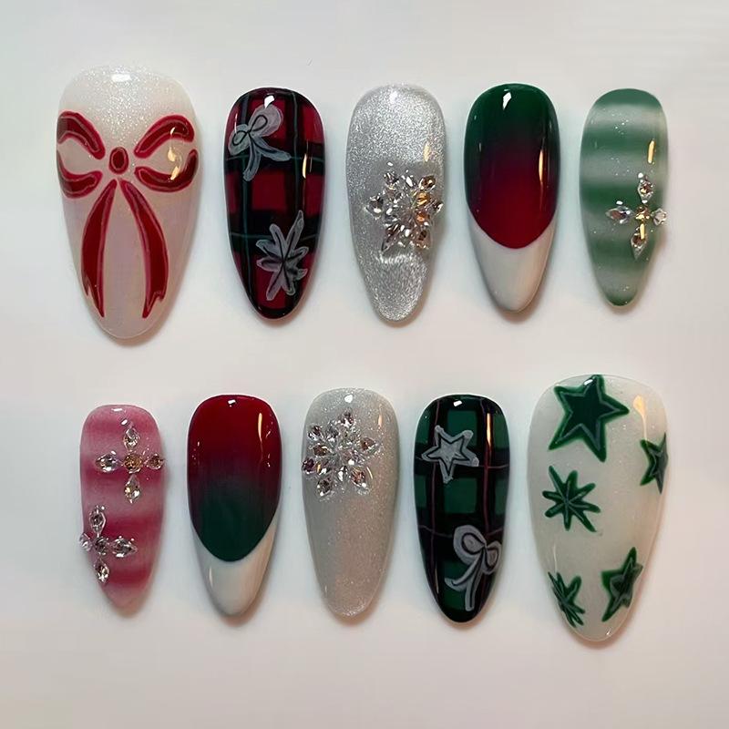24 Stuks Zwarte Lange Kunstnagels met Amandelkop Design Kattenoog Zilveren Streep Patroon Press-on Nepnagels Draagbare Nageltips