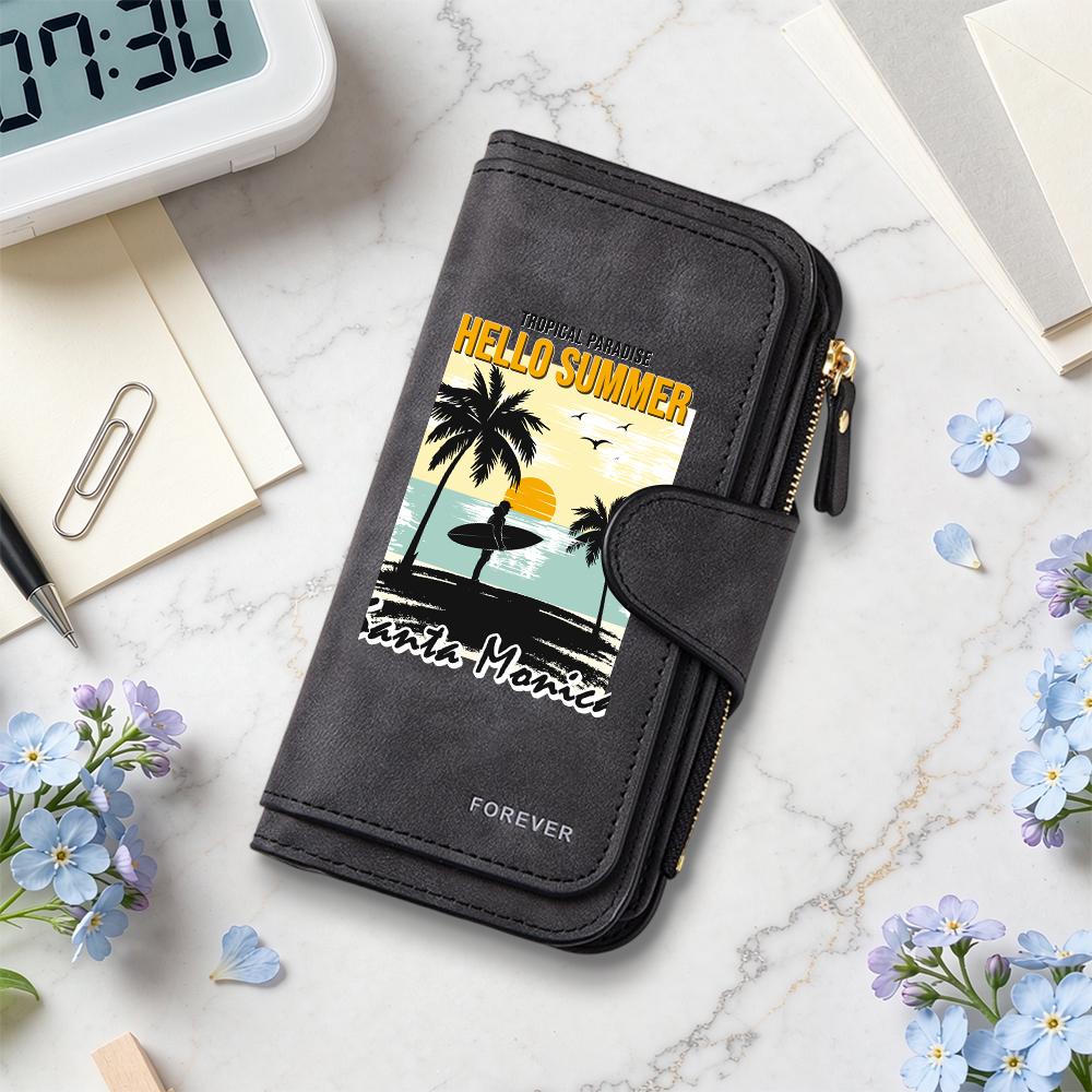 Vintage Summer Beach Pattern Long Wallet Portable Casual Card Holder Fashionable Daily Carry Purse
