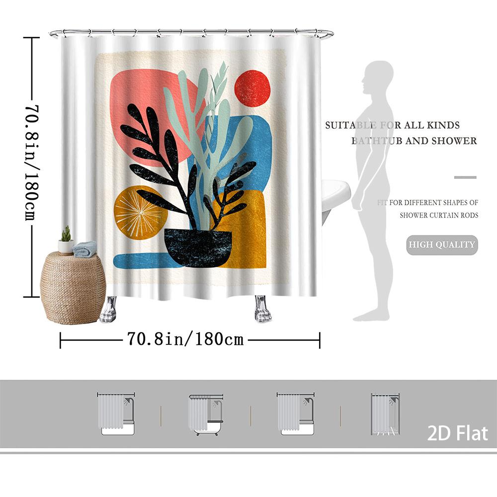 Abstract Plant & Shape Shower Curtain – Colorful Botanical Art, 2D Flat, Machine Washable, Includes Hooks, Multi-Size