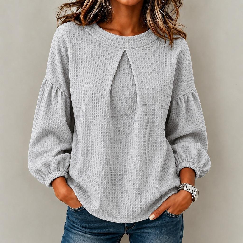 Women's Waffle Solid Color Top Shirt European and American Lantern Sleeves Round Neck Simple Long Sleeves