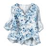 Women's Fashion Printed Henley Button Neck Shirt Three Quarter Sleeve Cotton Linen Blend Casual Top