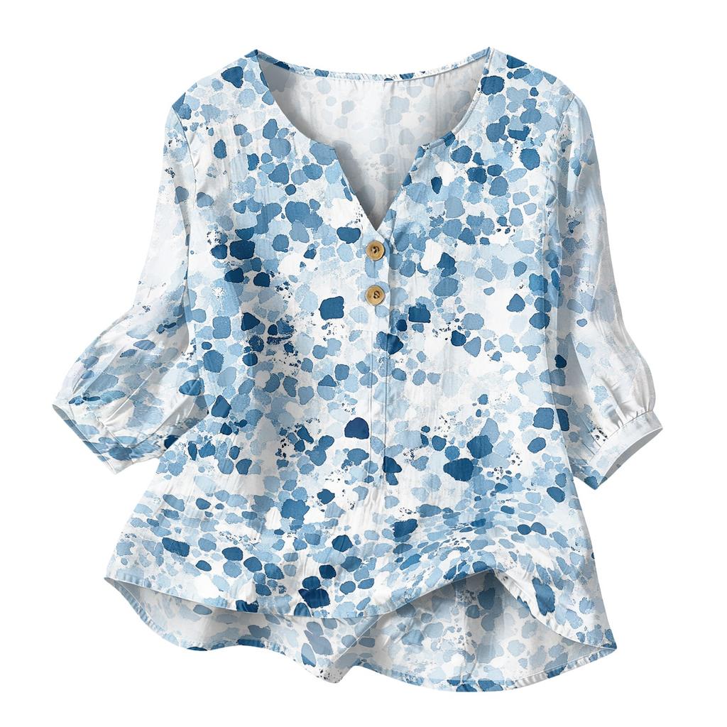 Women's Fashion Printed Henley Button Neck Shirt Three Quarter Sleeve Cotton Linen Blend Casual Top