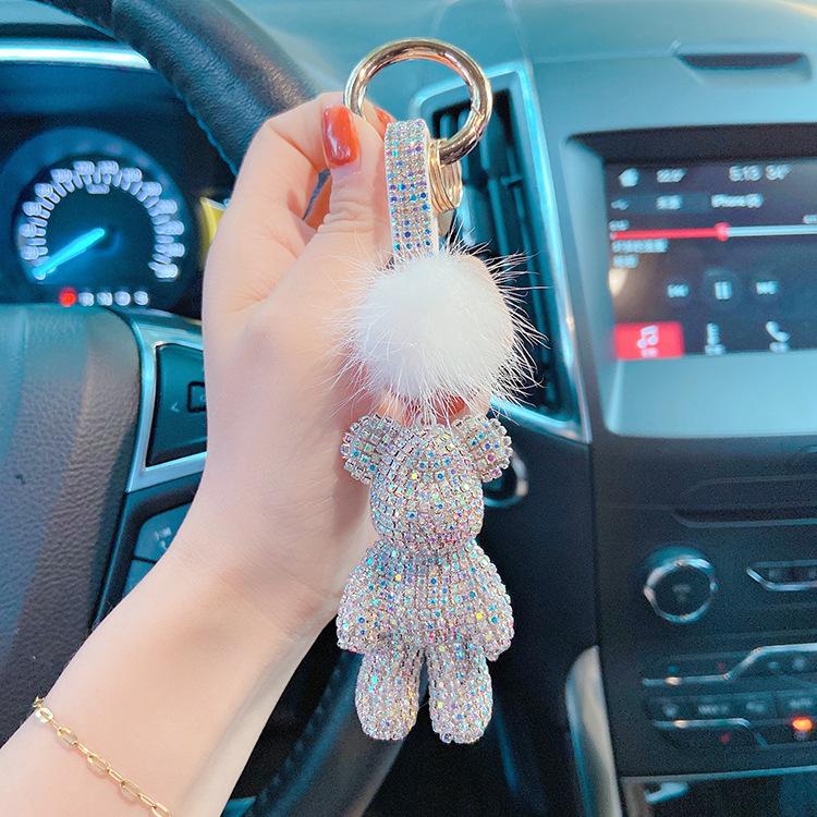 Autumn and Winter New Mink Hair Full of Diamonds Violent Bear Car Key Chain Drill Rope Key Ring Bag Pendant Online Celebrity