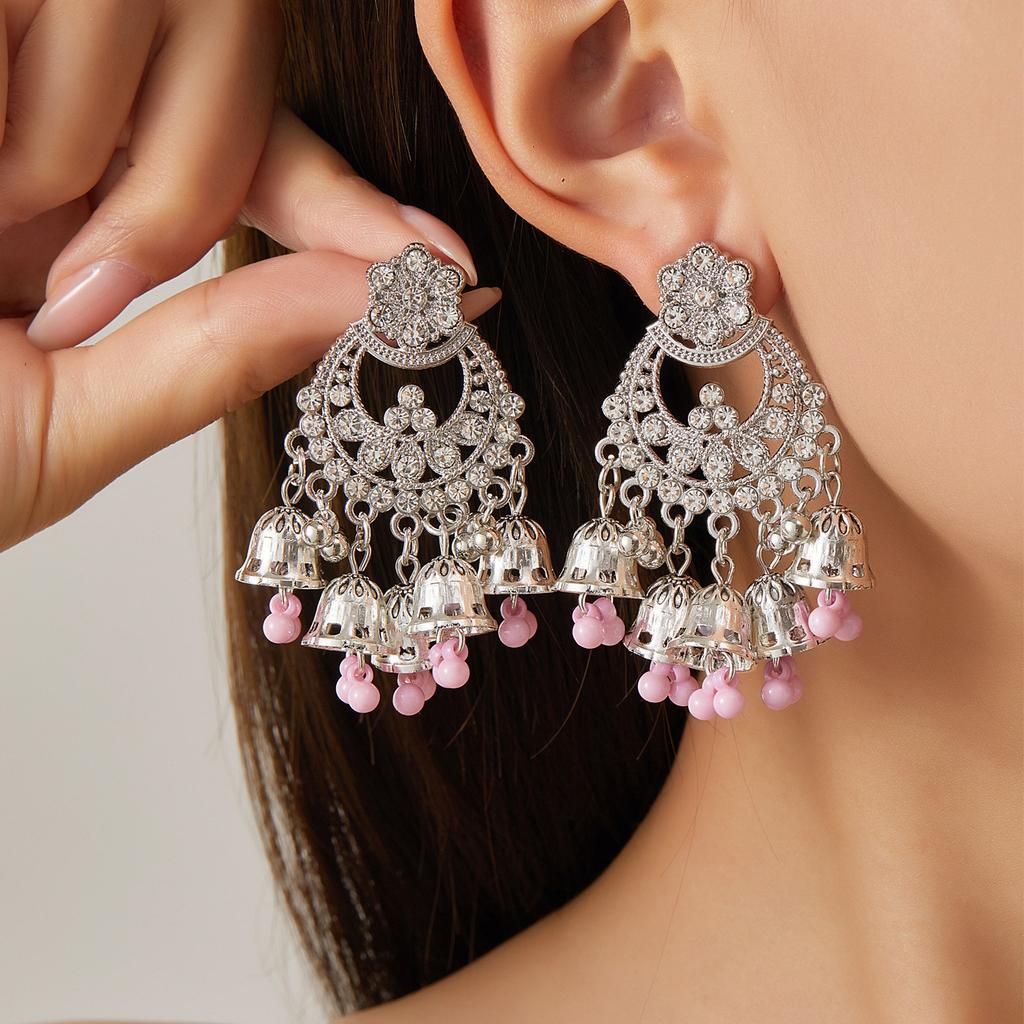 Vintage Bohemian Diamond Bells Tassel Flower Earrings, Ethnic Style Personality Geometric Hollow Holiday Earrings