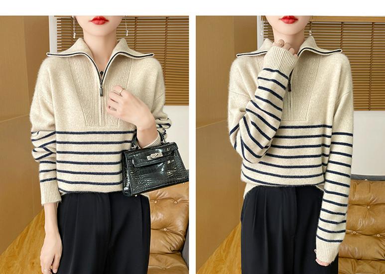 Women's Half-Zip Color Block Striped Knit Sweater - Korean Style Casual Loose Outerwear for Autumn/Winter.