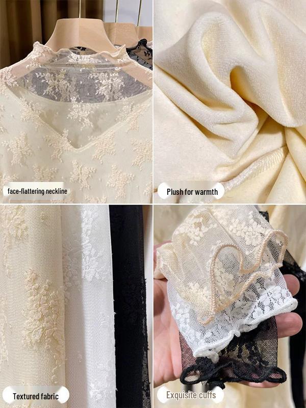 Damenpullover mit hohem Kragen, Fleece-Futter und Spitzenbasis - Frühling Herbst 2025 Modische Netzschicht-Unterwäsche