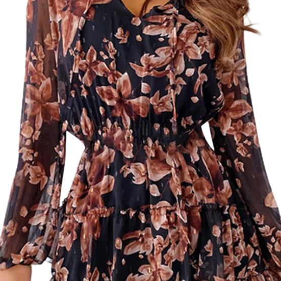 Women Spring Dress Flower Print Soft V Neck Long Sleeves Ruffle Dress-up See-through