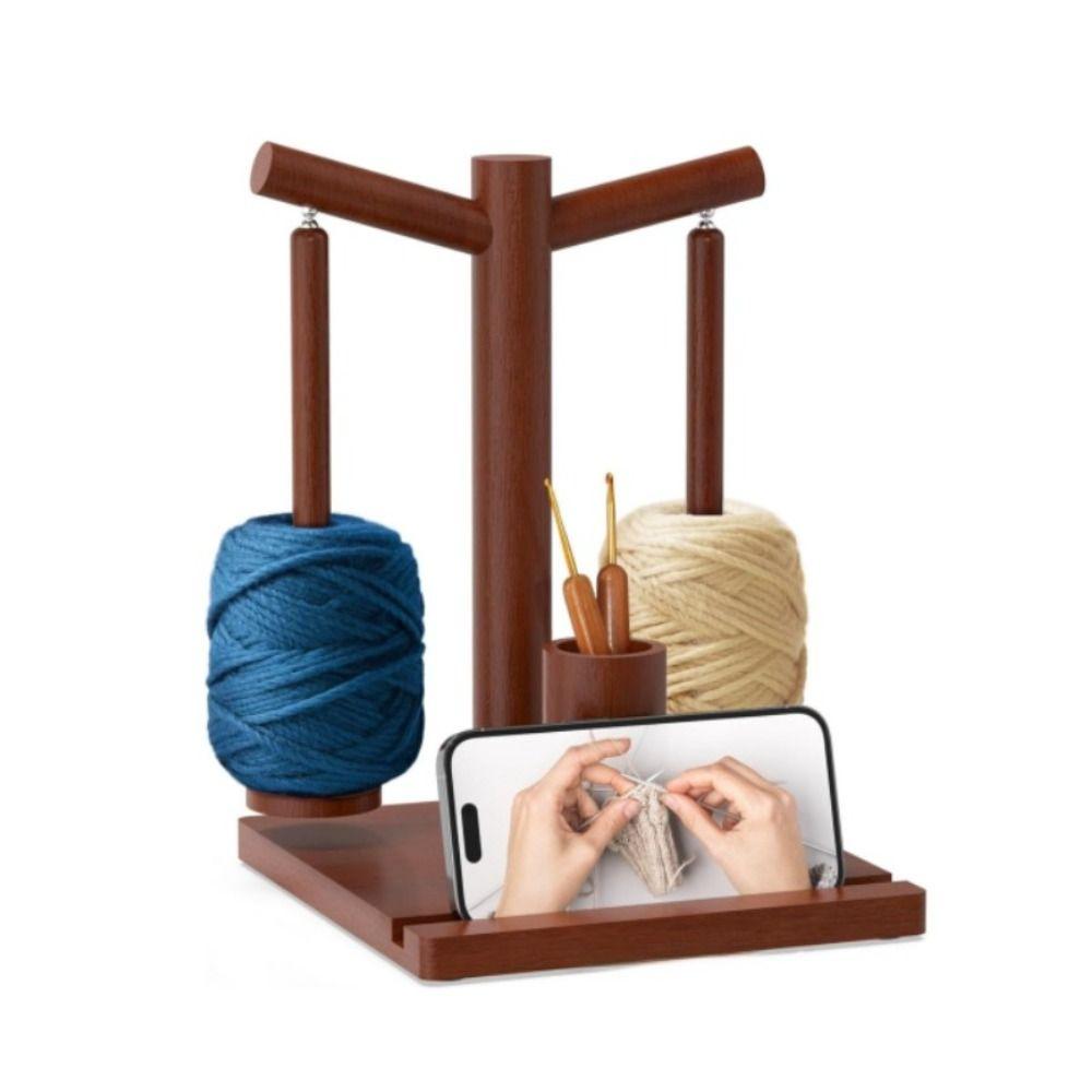 Spinning Knitting Tools Wooden Yarn Holder Magnetic Thread Spool with Phone Holder Wool Ball Winder with 2 Axles