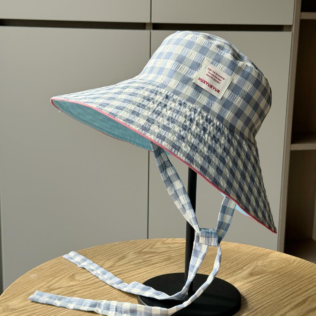 Wide-brimmed Double-sided Sun Protection Hat for Women, Spring and Summer Plaid Versatile Casual Fisherman Hat, Outdoor Travel Vacation Sun Hat