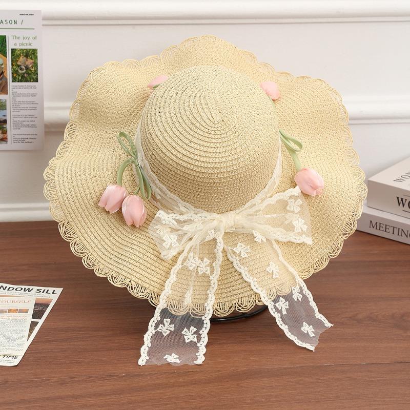 Summer Bow Sun Hat Female, Seaside Beach Vacation Sun Hat Outdoor Big Brim Sun Hat Sweet Straw Hat
