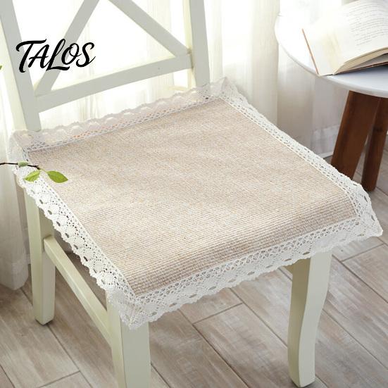 Tapis de Chaise Bordure Dentelle Rétro Coton Lin avec Liens, Style Bohème à Rayures et Carreaux Garniture de Siège de Salle à Manger, Respirant pour Tapis de Bureau d'Ordinateur