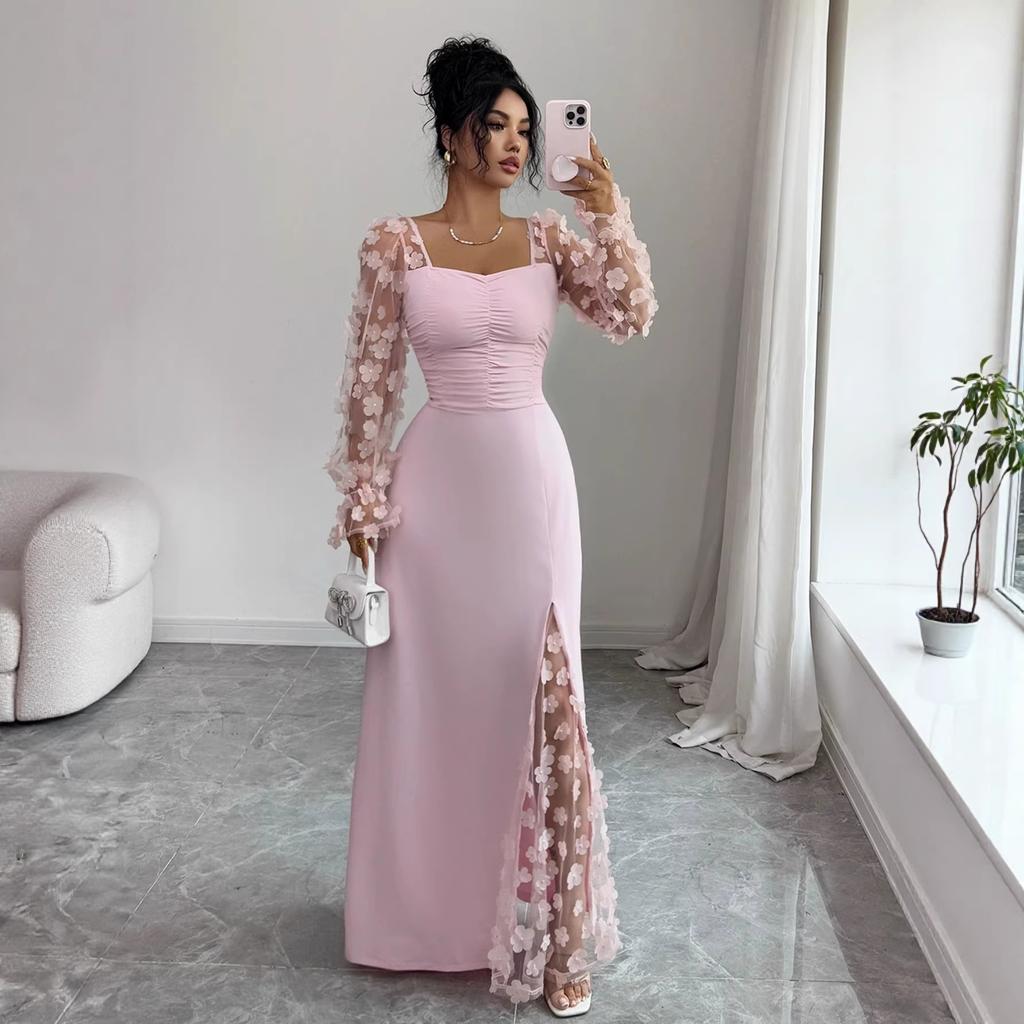 Women's Elegant Square Neck Bubble Long Sleeve Mesh Insert Jacquard Maxi Dress 3D Slimming A-Line Swing Long Dress
