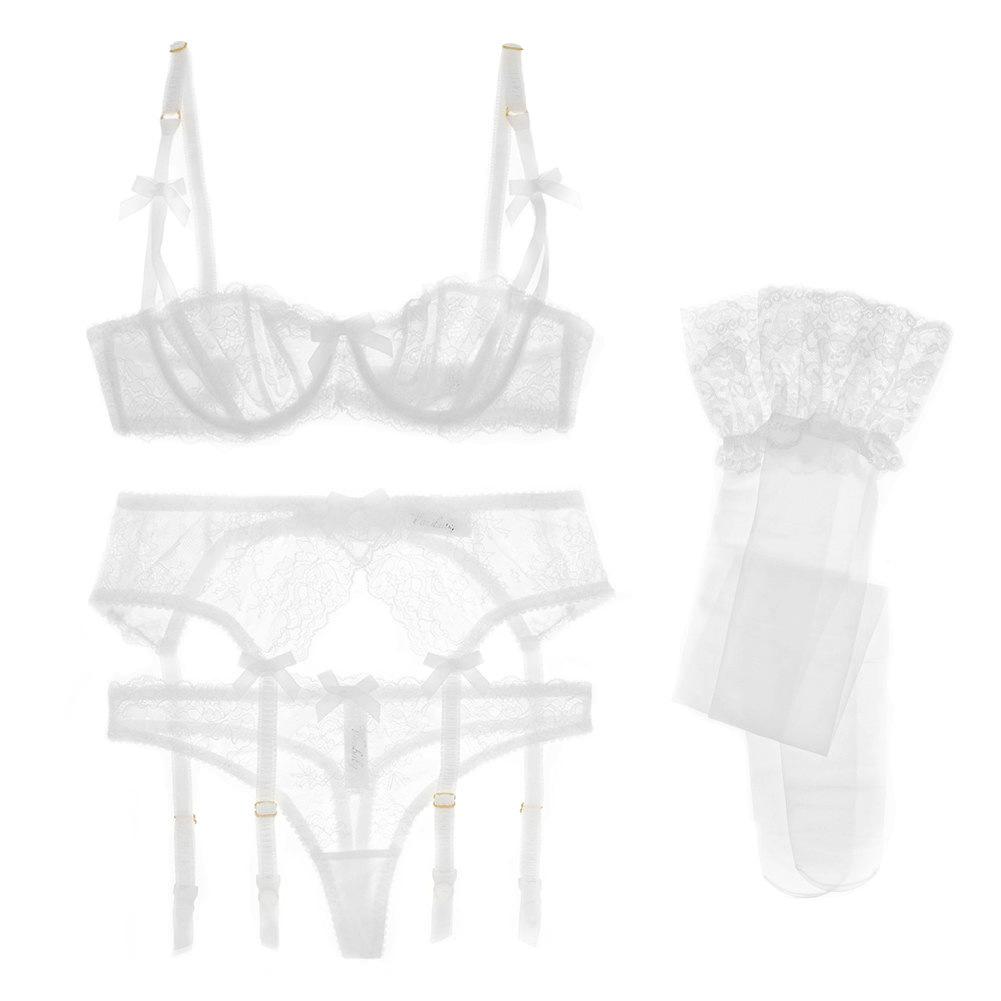 Sexy Lace 4-piece Lingerie Set - Women's Bra, Panties, Garter, Stockings