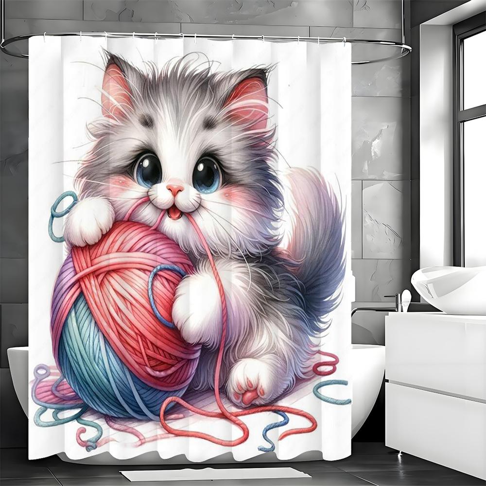 Cute Cat Playing with Woolen Clusters Shower Curtain, Bathroom Decorative Shower Curtain, Waterproof Shower Curtain with Hooks
