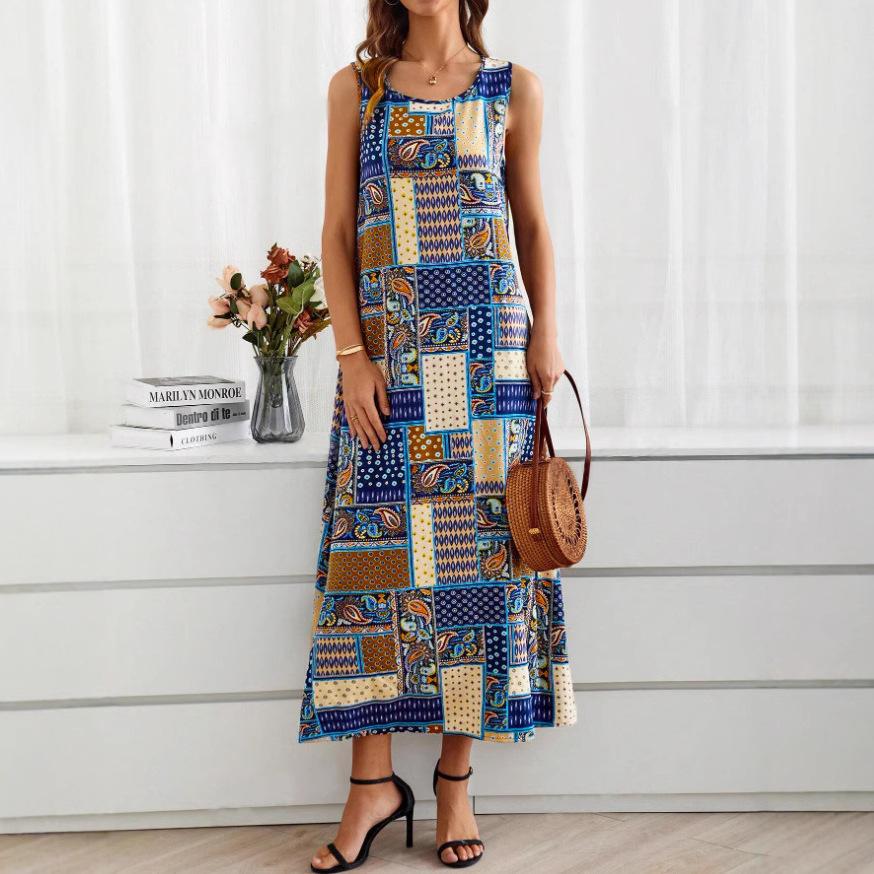 Women Summer Sleeveless O Neck Retro Printed Loose One Piece Dress
