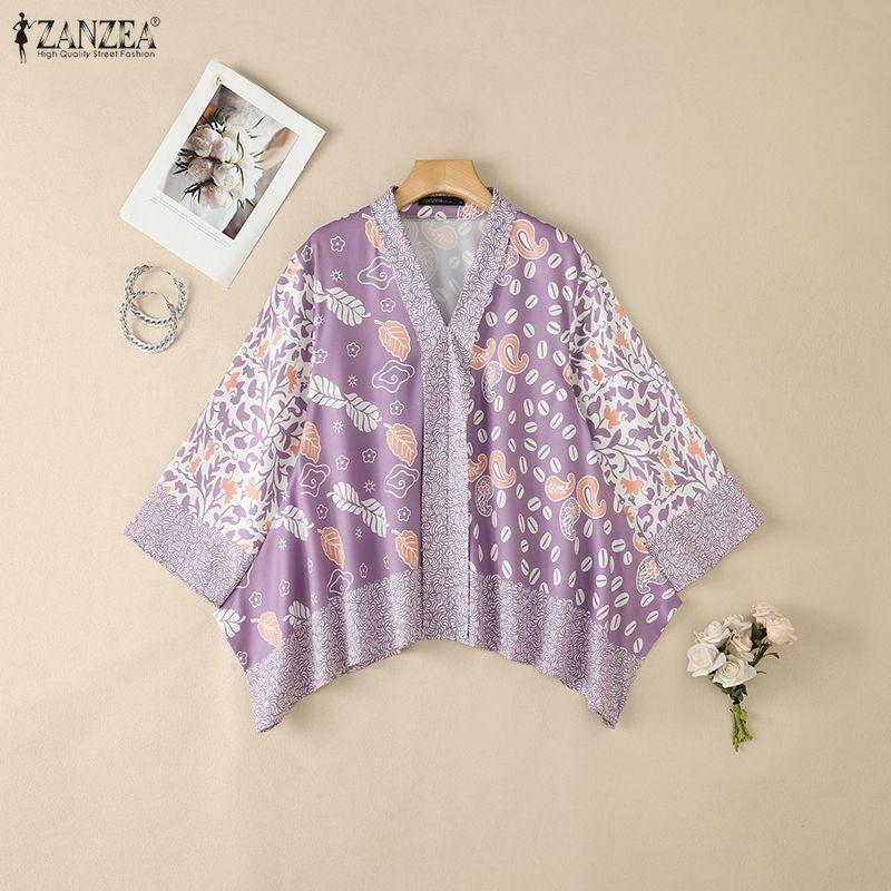 ZANZEA Women Boho Print Summer Casual V-Neck 3/4 Sleeve Loose Cape Blouse