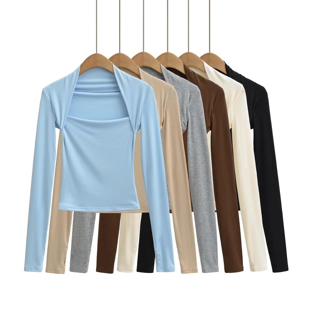 Pure Desire Two-Piece Illusion Square Neck Long Sleeve Slimming Top for Women - Autumn Chic Base Layer