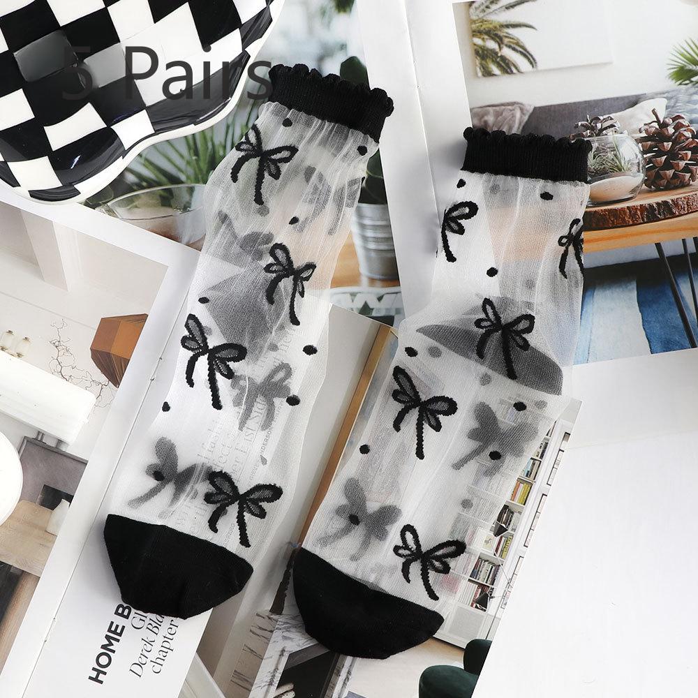 5 Pairs of Women's Spring and Summer Striped Lace Love Glass Silk Socks