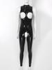Catsuit en cuir verni brillant pour femmes, bonnets ouverts, body sans entrejambe, col montant, sans manches, slim, Clubwear