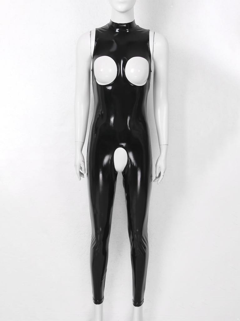 Dame Open Cups Catsuit glanset skinn, skrittløs bodysuit Mock Neck Ermeløs Skinny Jumpsuits Clubwear