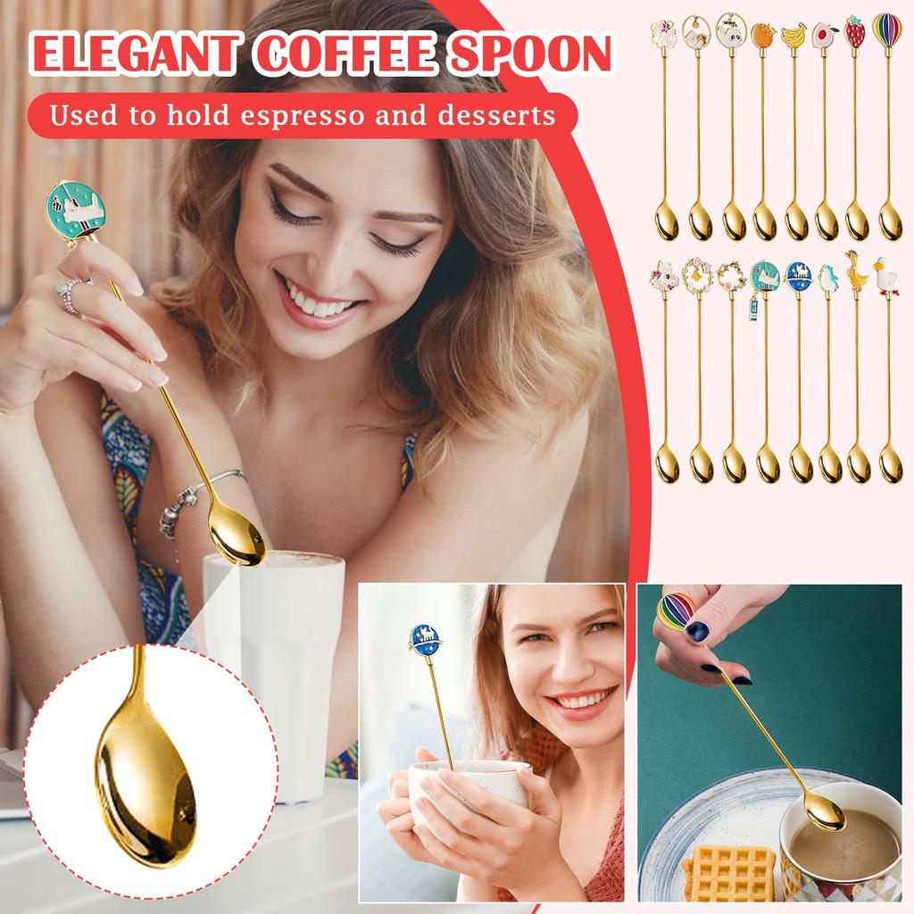 Stainless Steel Spoon Creative Cartoon Dessert Spoon Fruit Fork Cute Coffee Long Handle Stirring Spoon