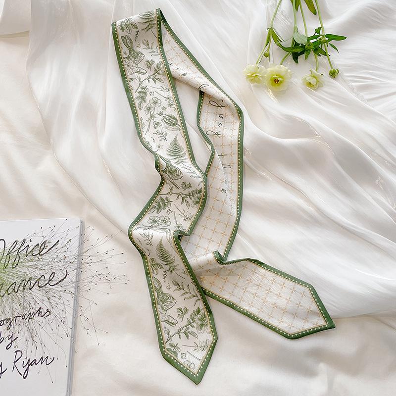 Simulation silk scarf green floral green leaf versatile silk scarf Korean scarf mother gift ribbon decorative scarf 130*7cm