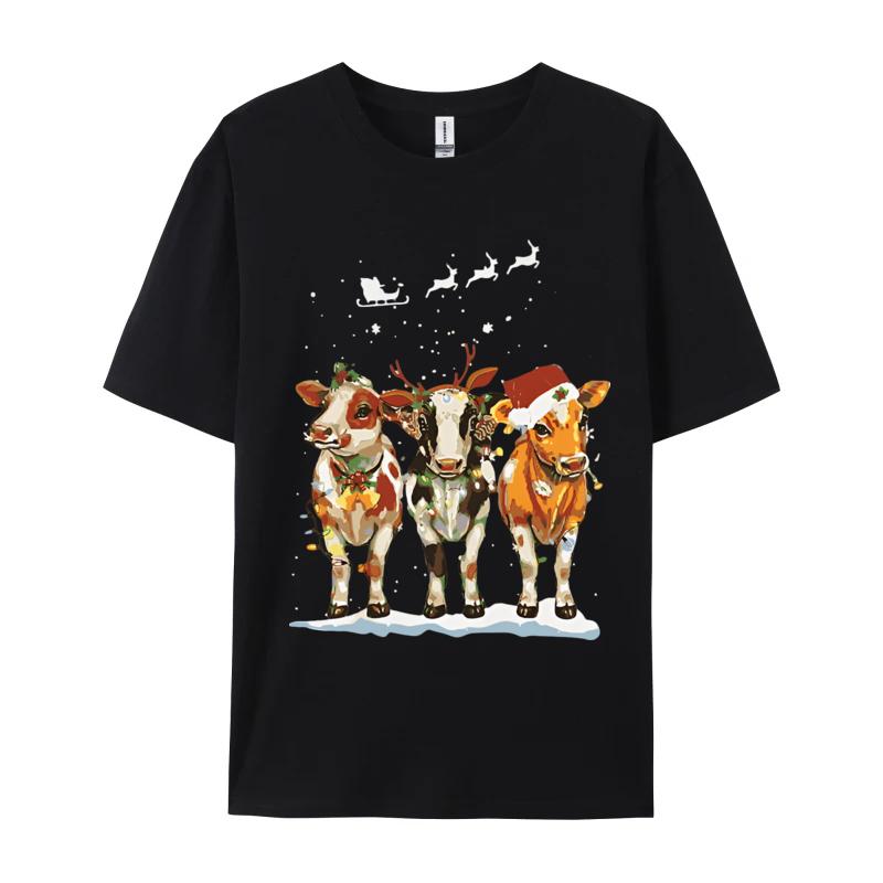 Cow Reindeer Hat Santa Christmas T-Shirt Gift Rife Male T Shirt Cotton Tops Shirts Customized Cow Farm Shirts S разноцветный