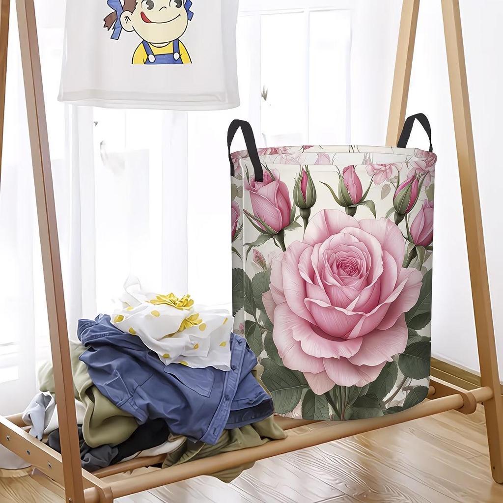 Romantic Pink Rose Laundry Basket with Fresh Flower Design for Bedroom Storage